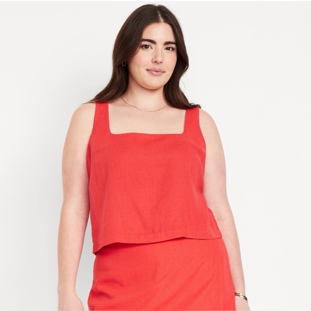 Old Navy Linen Top Coral Cropped Square-Neck Top Linen-Blend XL